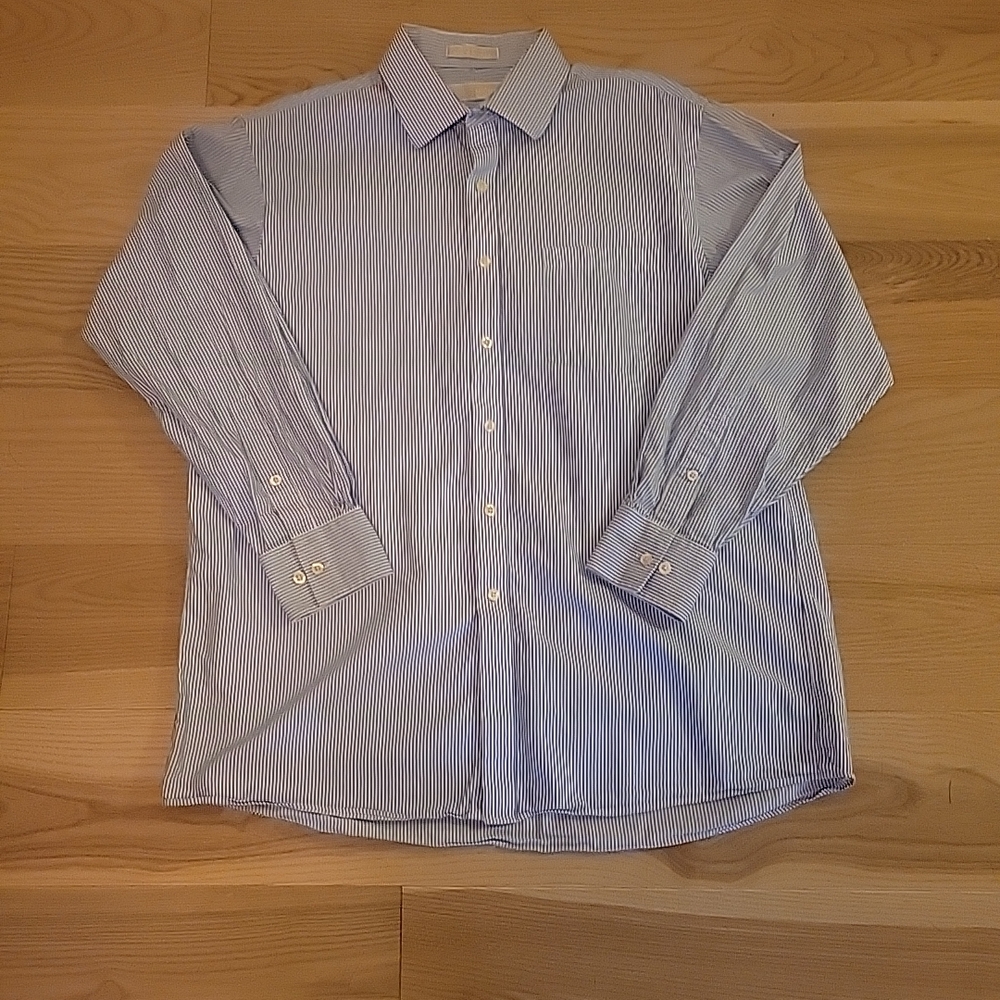 Michael Kors Mens Blue and White Dress Shirt Long Sleeve Button Down